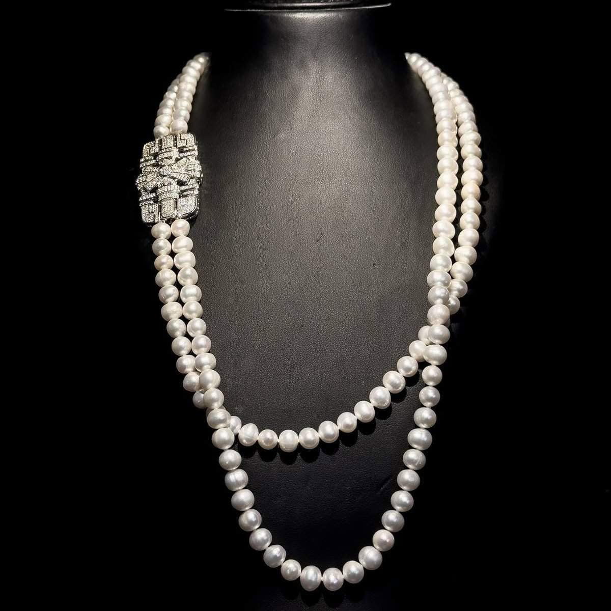 Omnia Madison Pearl Double-Layer Necklace and Bracelet Set with Intricate Diamond-Embedded Clasp in 92.5 Silver and High-Quality Simulated Diamonds - OMNIASTORES UAE