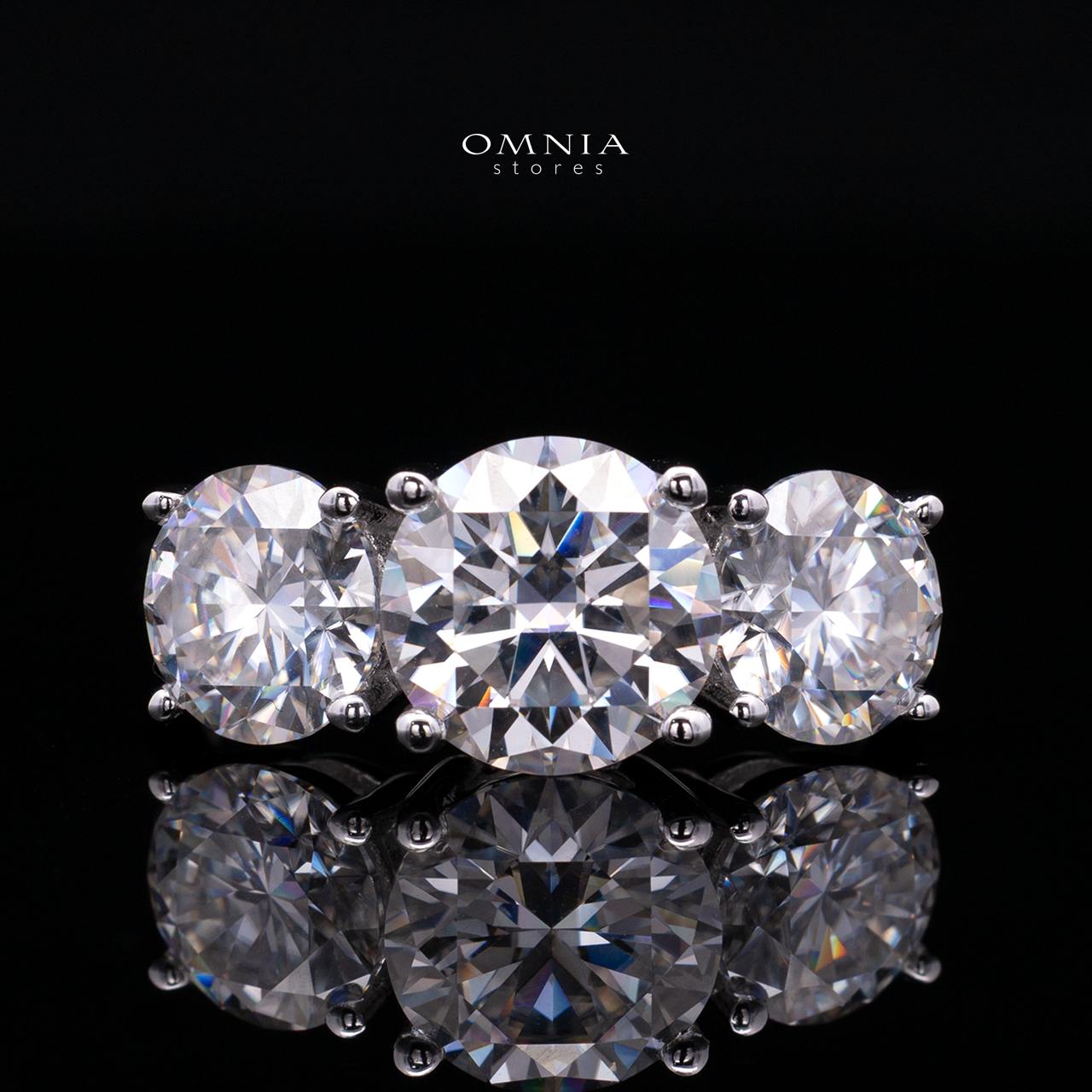 Savannah White Moissanite Three-Stone Ring – RD 8mm (2ct) Center with RD 6.5mm (1ct) Side Stones, Rhodium-Plated 925 Sterling Silver
