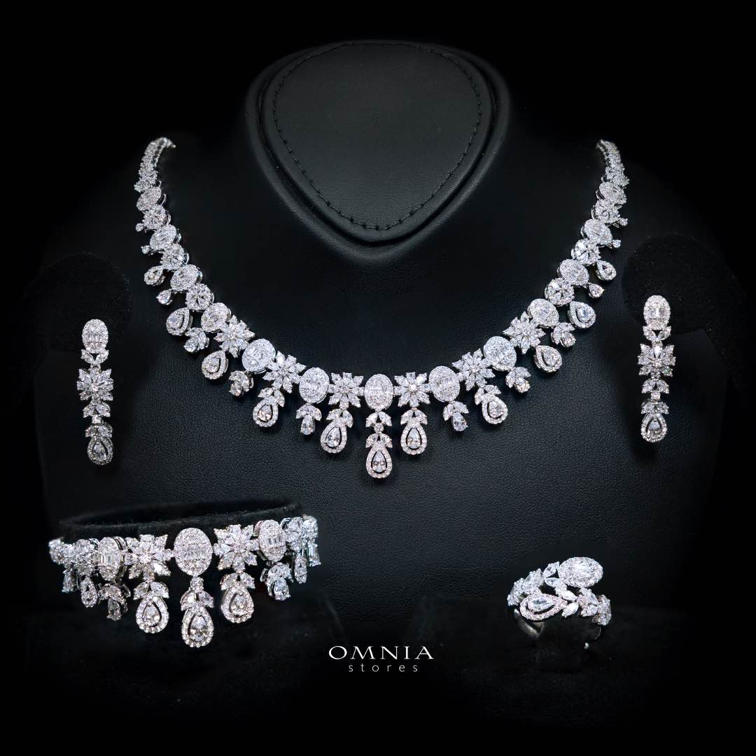 Omnia Trisha White Full set Accessories in High Quality Zircon Stone in Rhodium Plated - OMNIASTORES KSA