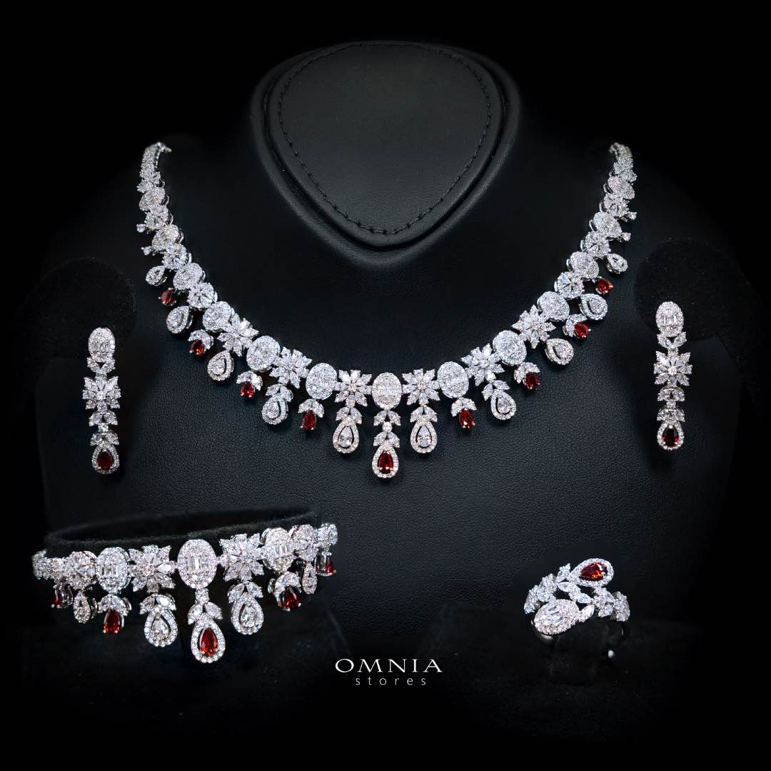 Omnia Trisha Red Full set Accessories in High Quality Zircon Stone in Rhodium Plated - OMNIASTORES KSA