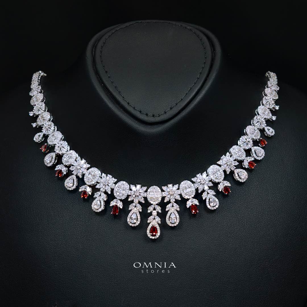 Omnia Trisha Red Full set Accessories in High Quality Zircon Stone in Rhodium Plated - OMNIASTORES KSA