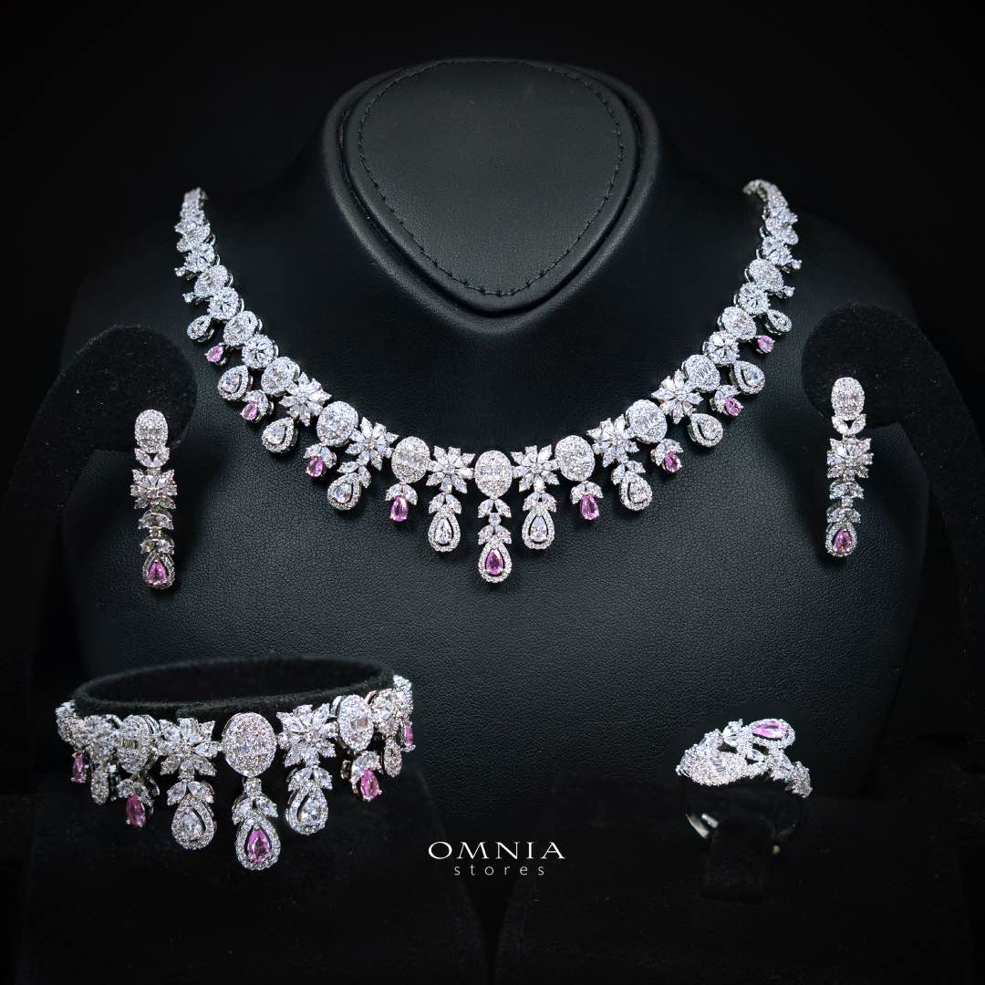 Omnia Trisha Pink Full set Accessories in High Quality Zircon Stone in Rhodium Plated - OMNIASTORES KSA