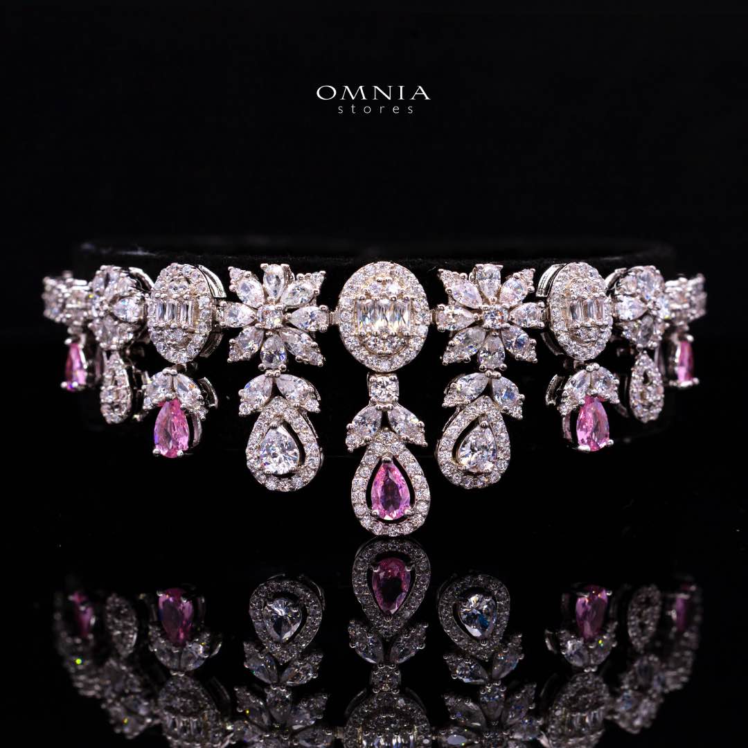 Omnia Trisha Pink Full set Accessories in High Quality Zircon Stone in Rhodium Plated - OMNIASTORES KSA
