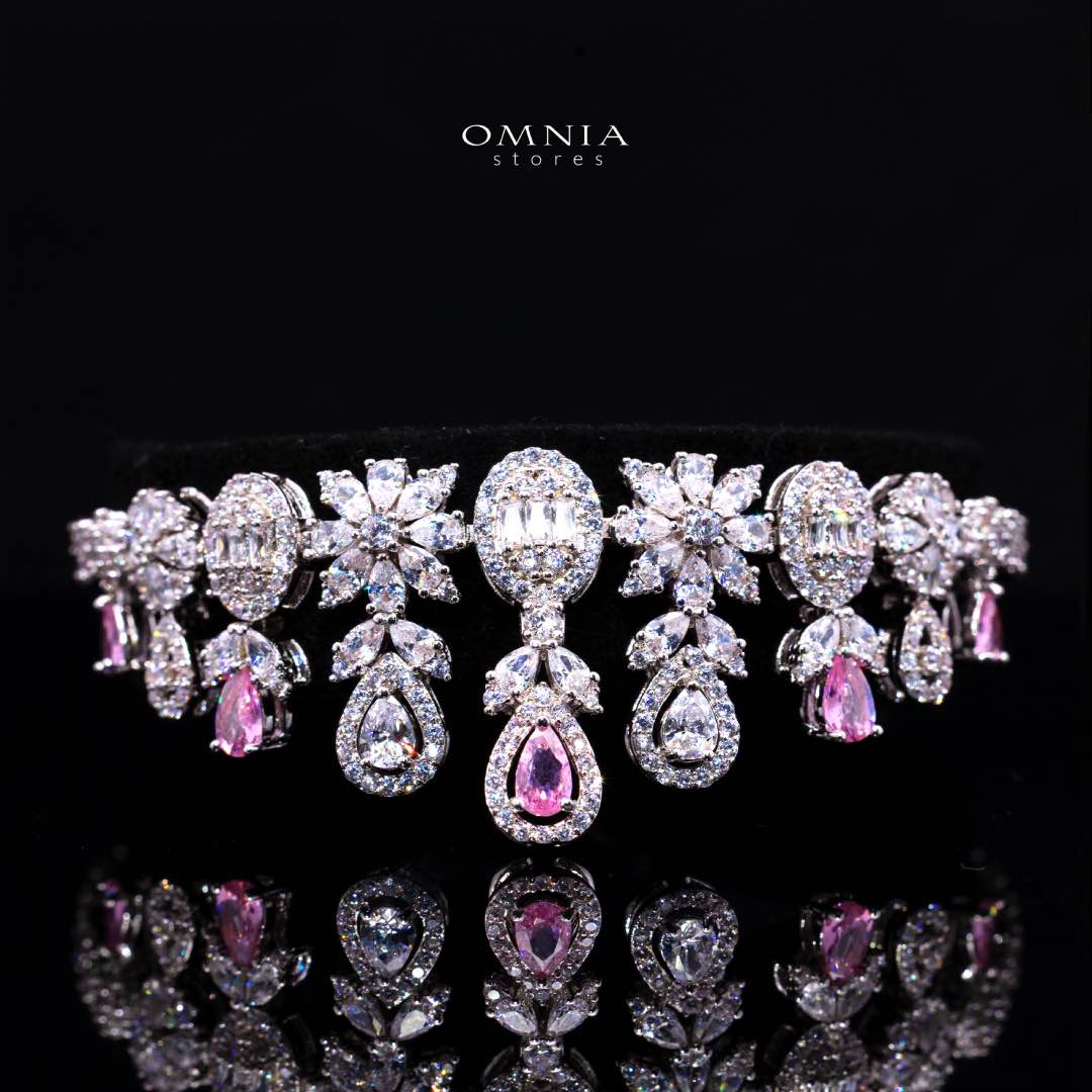 Omnia Trisha Pink Full set Accessories in High Quality Zircon Stone in Rhodium Plated - OMNIASTORES KSA