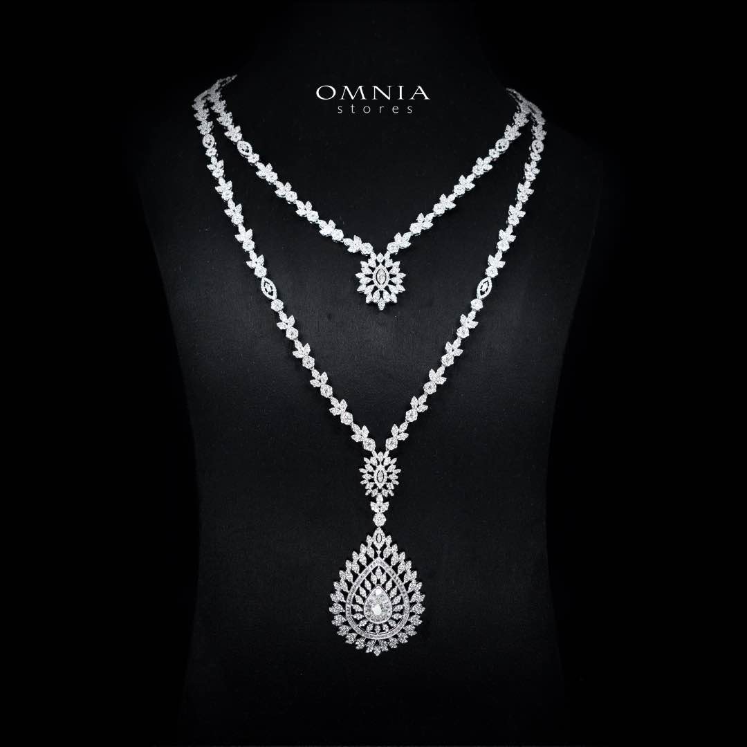 Omnia Keyla White Luxury Bridal Long Chain Full Set in High Quality Zircon Stone Rhodium Plated