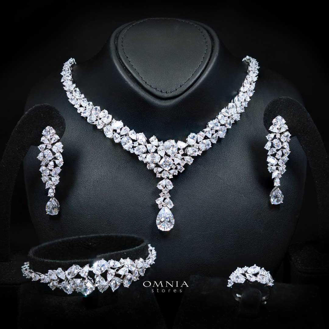Omnia Reman White Bridal Full Set in High Quality Zircon Stone in Rhodium Plated