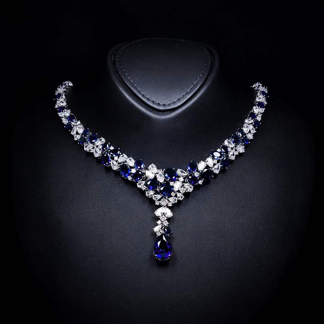 Omnia Reman Blue Bridal Full Set in High Quality Zircon Stone Premium Rhodium Plated - OMNIASTORES KSA