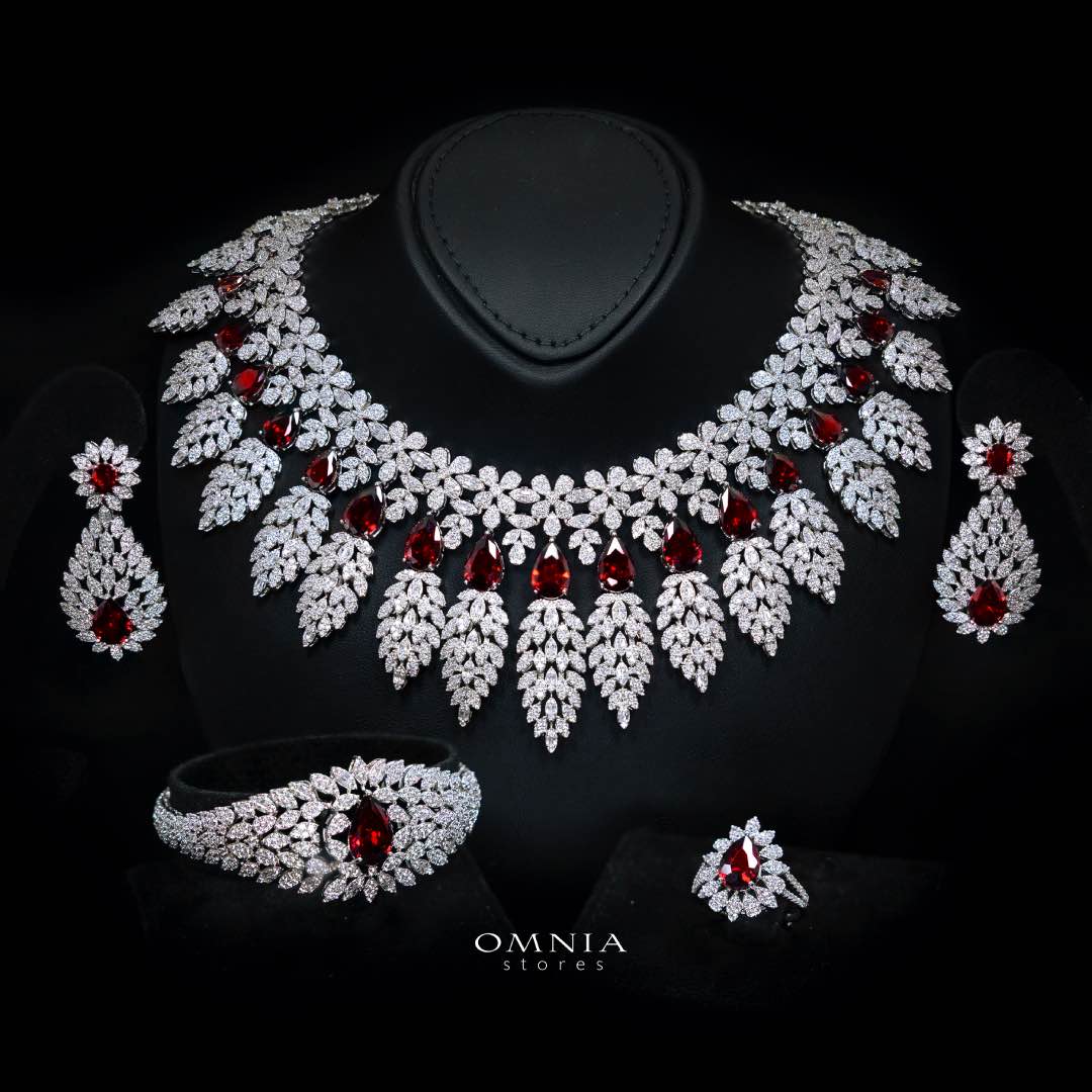 Omnia Asrar Red Bridal Full Set in High Quality Zircon Stone Rhodium Plated - OMNIASTORES KSA