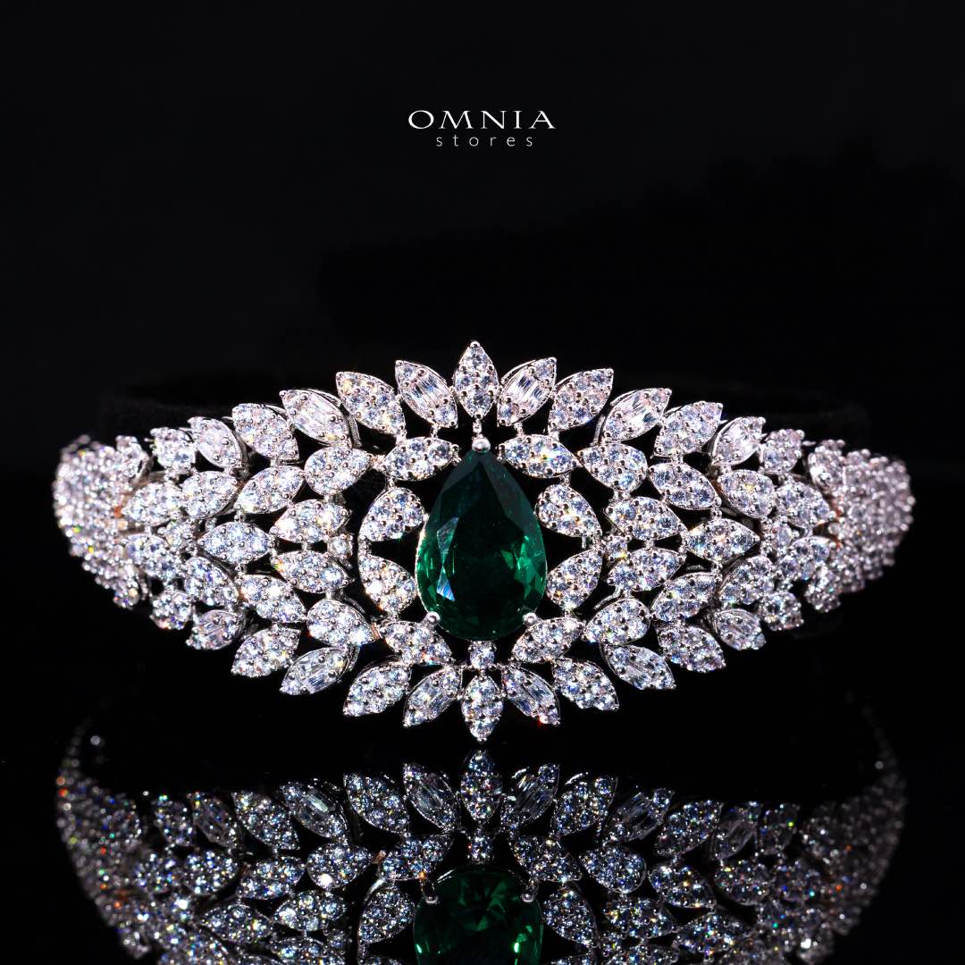 Omnia Asrar Green Bridal Full Set in High Quality Zircon Stone Rhodium Plated - OMNIASTORES KSA