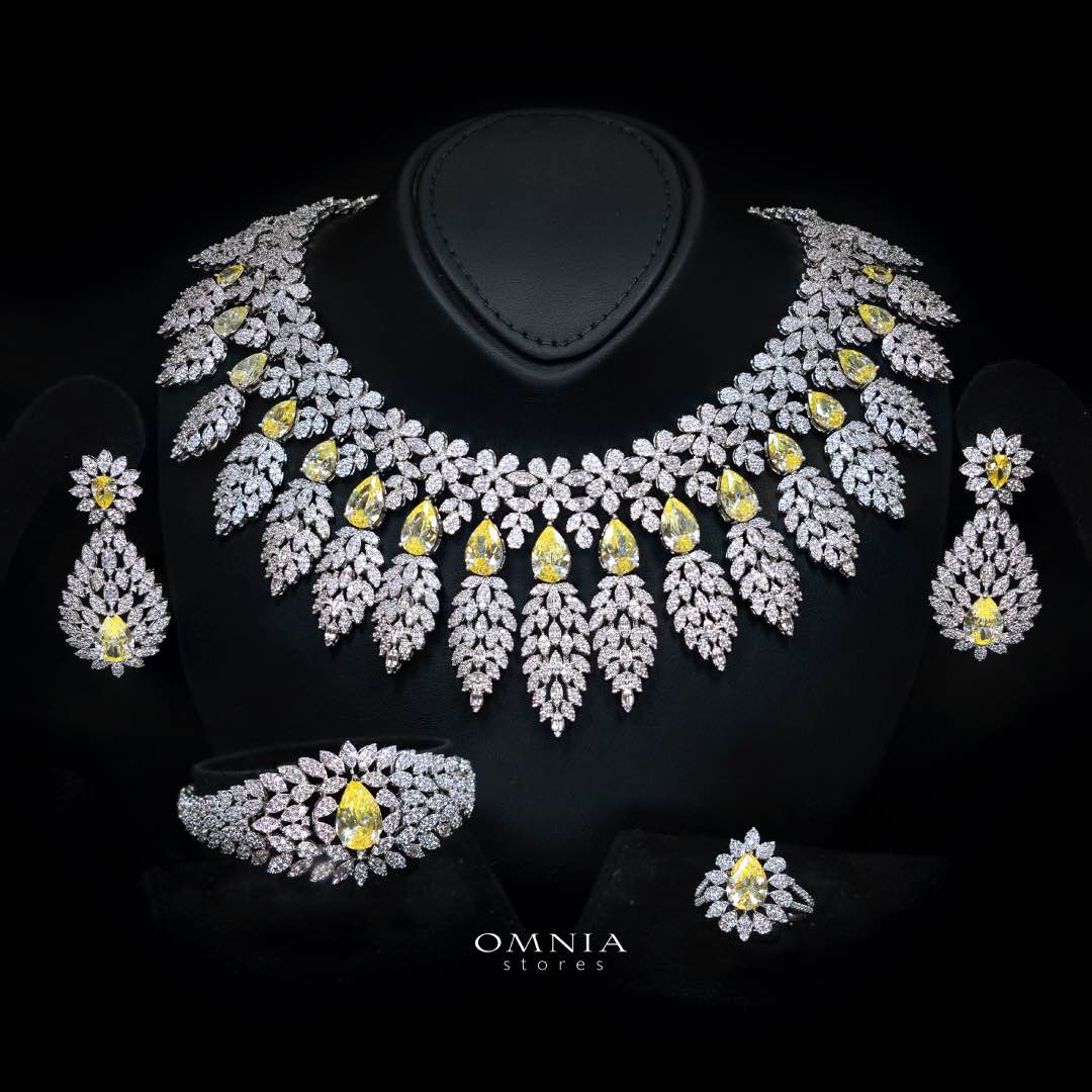 Omnia Asrar Yellow Bridal Full Set in High Quality Zircon Stone Rhodium Plated - OMNIASTORES KSA