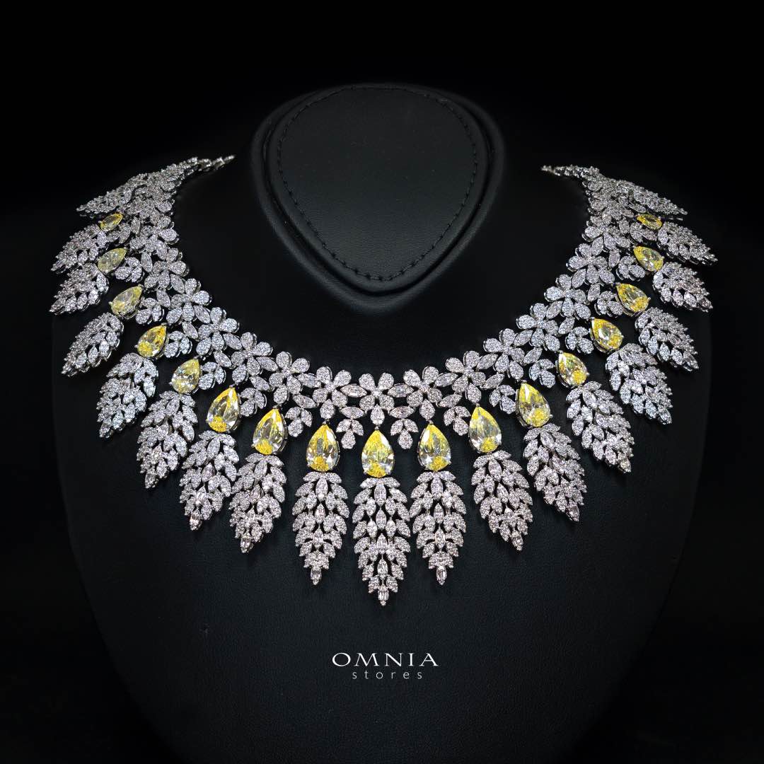 Omnia Asrar Yellow Bridal Full Set in High Quality Zircon Stone Rhodium Plated - OMNIASTORES KSA