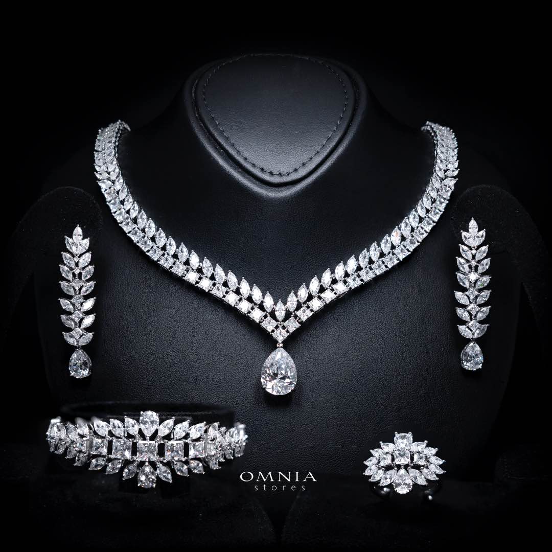 Omnia Dalal Bridal White Full Set with Teardrop Design in High Quality Zircon Stone Rhodium Plated - OMNIASTORES KSA