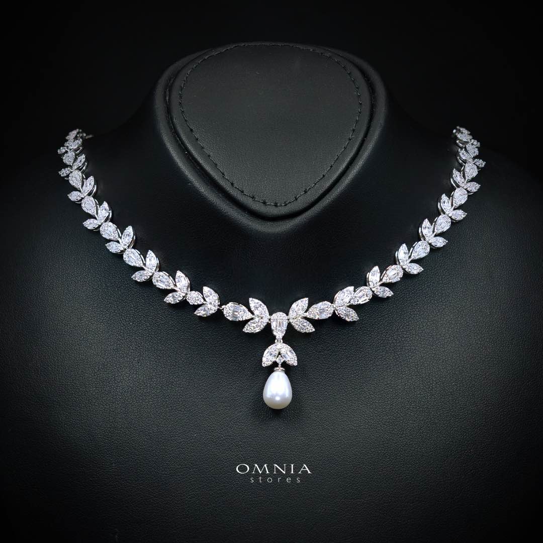 Samah White Pearl Luxury Bridal Full Set in High Quality Zircon Stone in Rhodium Plated - OMNIASTORES KSA