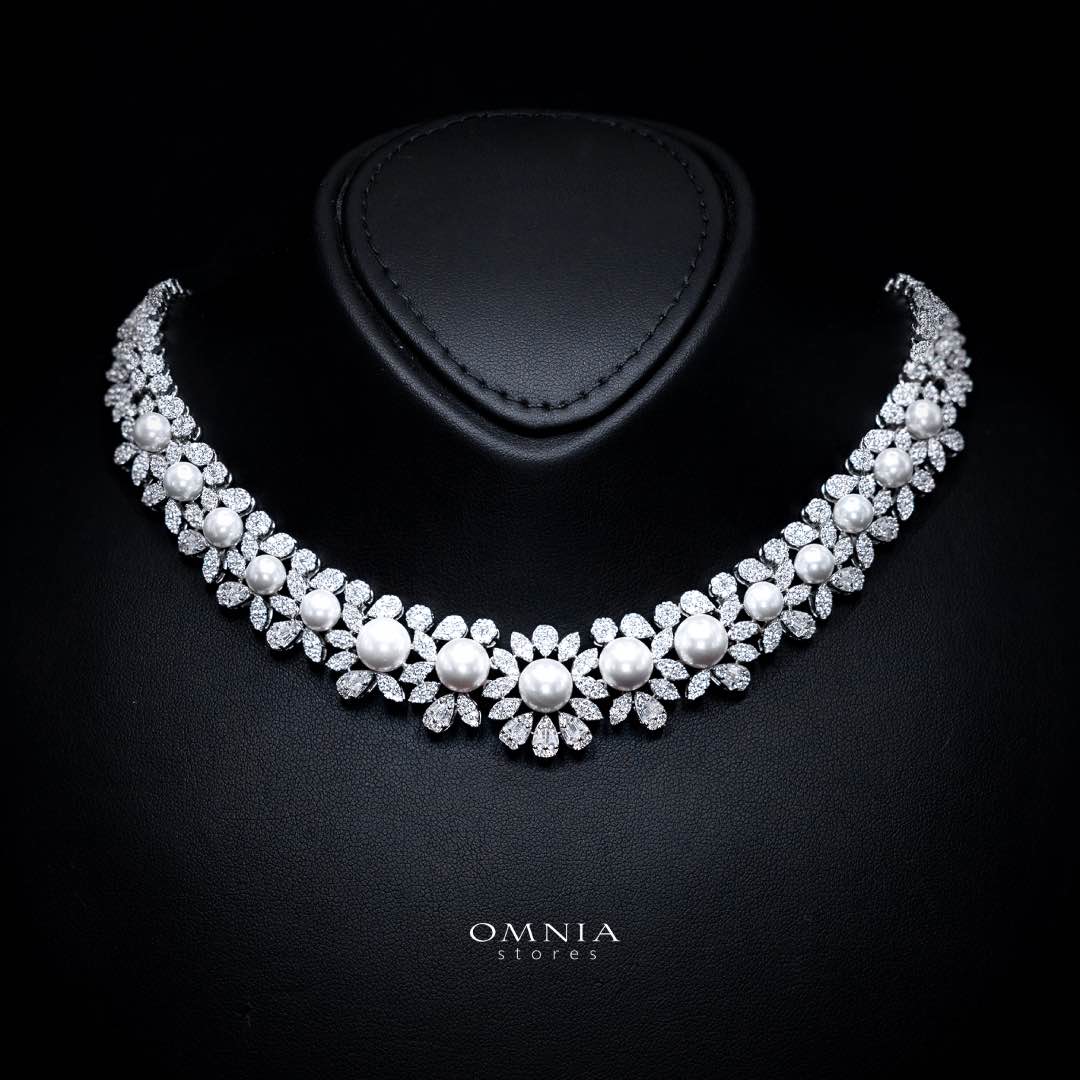 Omnia Rukaya Floral Pearl Luxury Bridal Full Set – High-Quality Zircon & Rhodium Plated Jewelry - OMNIASTORES KSA