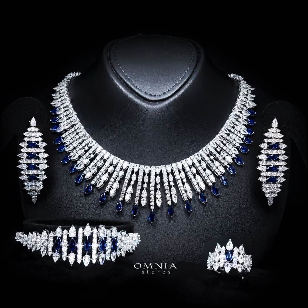 Omnia Lana Blue Bridal Full Set in High Quality Zircon Stone Rhodium Plated - OMNIASTORES KSA