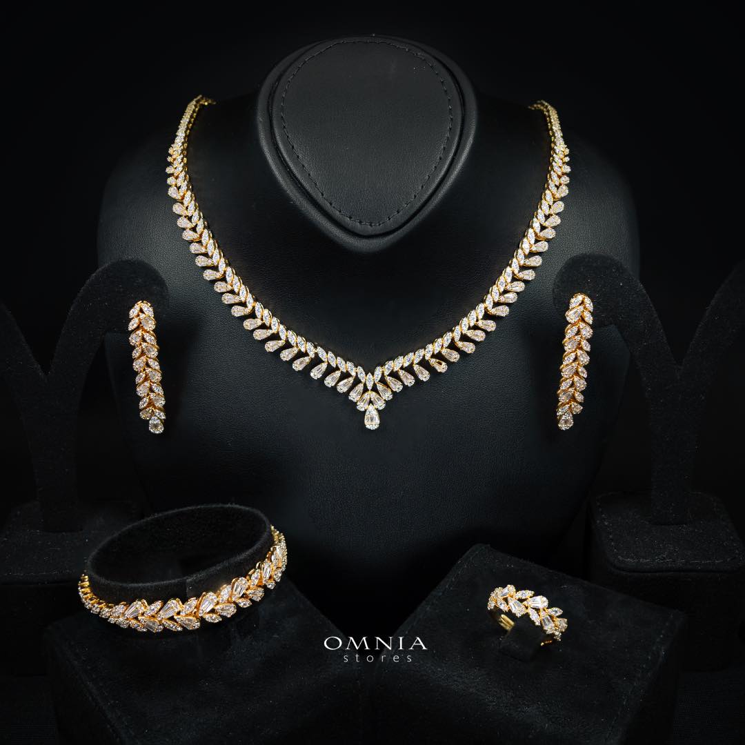Omnia Aseel Gold Bridal Full Set Accessories in High Quality Zircon Stone Rhodium Plated - OMNIASTORES KSA