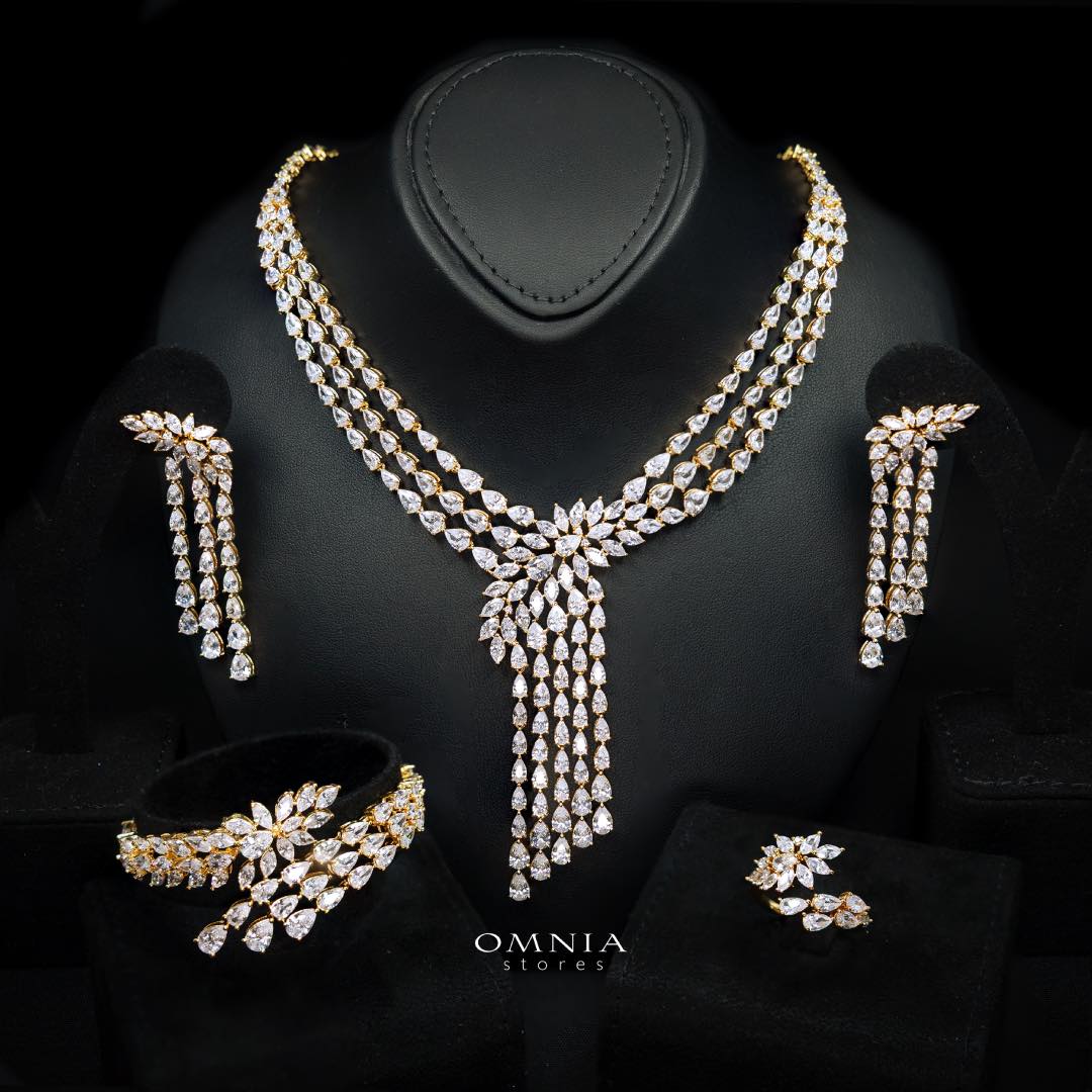 Omnia Rahaf Golden Bridal Full Set Accessories in High Quality Zircon Stone in Rhodium Plated - OMNIASTORES KSA