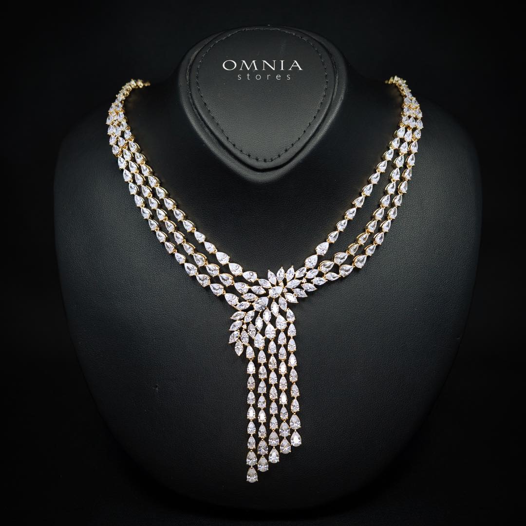 Omnia Rahaf Golden Bridal Full Set Accessories in High Quality Zircon Stone in Rhodium Plated - OMNIASTORES KSA