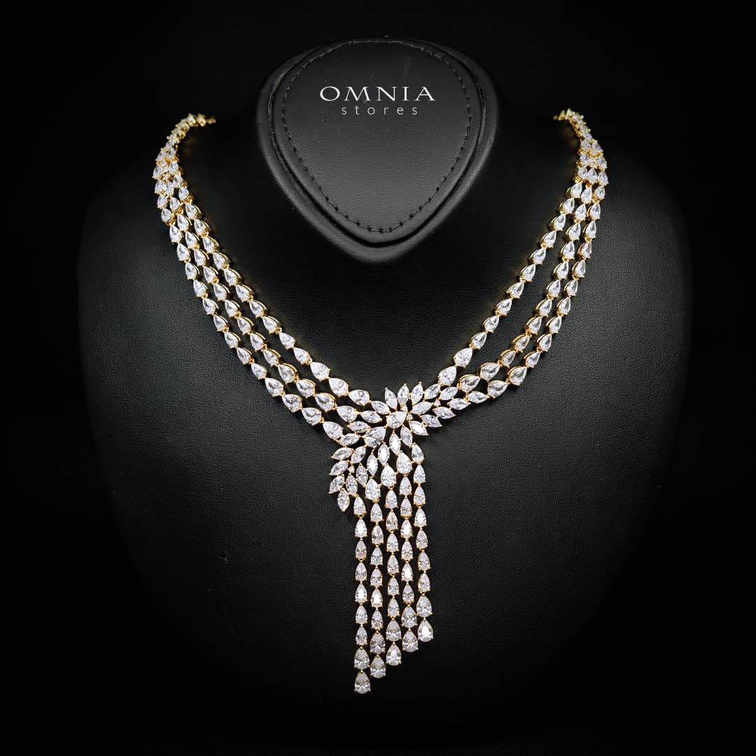 Omnia Rahaf Golden Bridal Full Set in High Quality Zircon Stone in Rhodium Plated - OMNIASTORES KSA