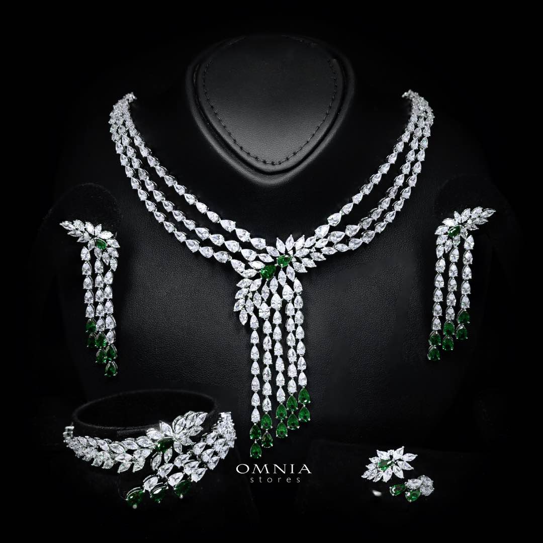 Omnia Rahaf Green Bridal Full Set in High Quality Zircon Stone in Rhodium Plated - OMNIASTORES KSA