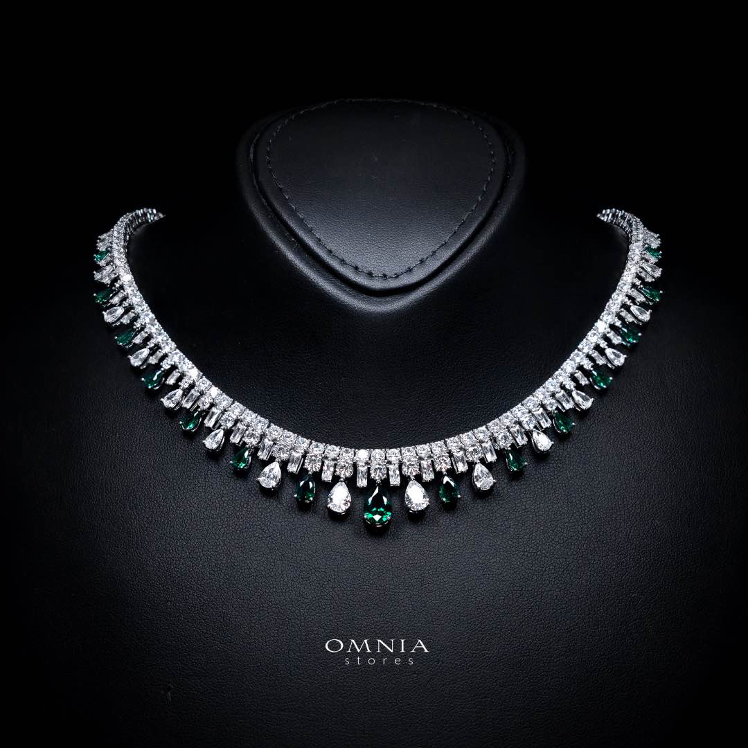 Omnia Nisrine Green Luxury Bridal Full Set in High Quality Zircon Stone Rhodium Plated - OMNIASTORES KSA