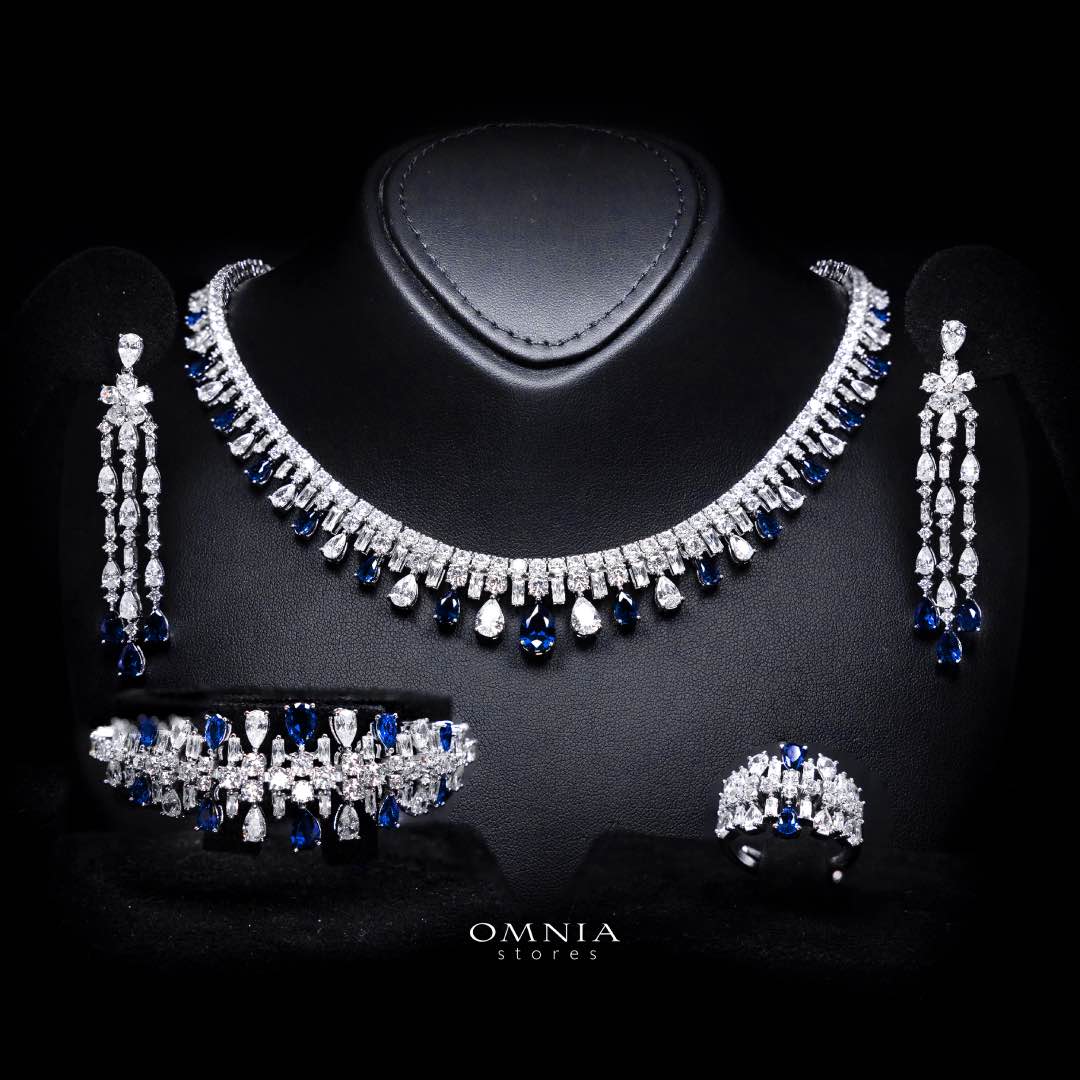 Omnia Nisrine Blue Bridal Full Set in High Quality Zircon Stone in Rhodium Plated - OMNIASTORES KSA