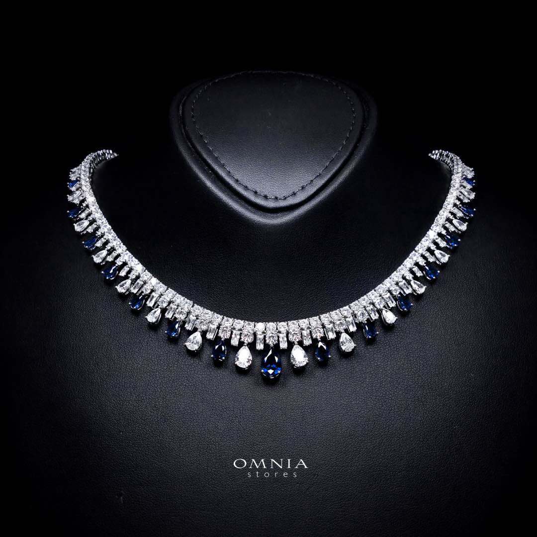 Omnia Nisrine Blue Bridal Full Set in High Quality Zircon Stone in Rhodium Plated - OMNIASTORES KSA