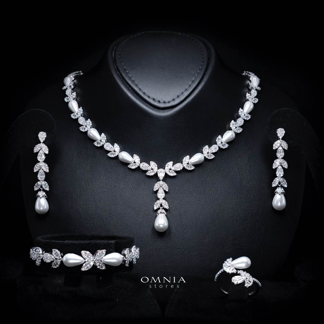 Omnia Shamsa White Pearl Luxury Bridal Full Set in High Quality Rhodium Plated Zircon Stones - OMNIASTORES KSA