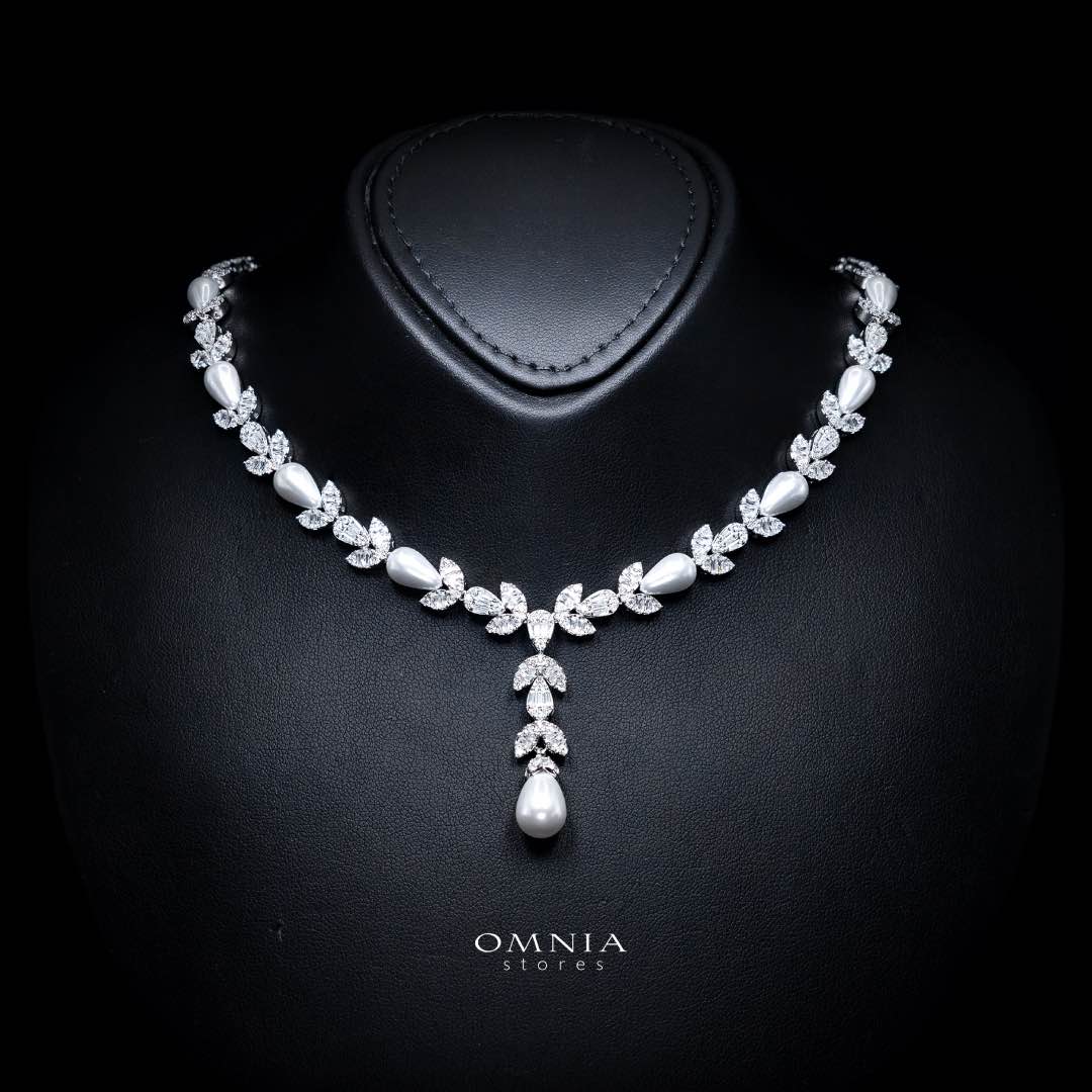 Omnia Shamsa White Pearl Luxury Bridal Full Set in High Quality Rhodium Plated Zircon Stones - OMNIASTORES KSA