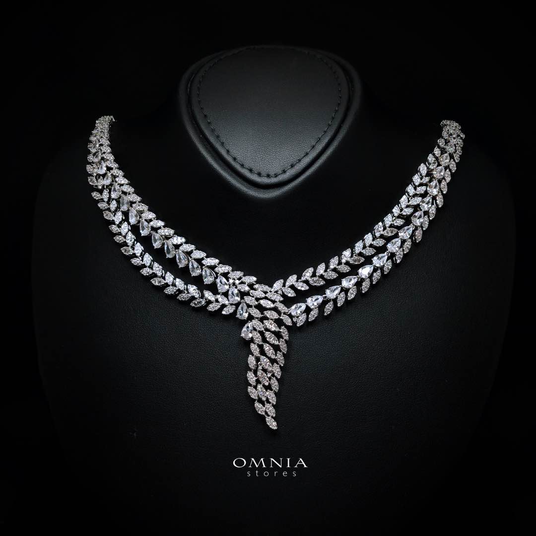 Omnia Yasira Leaf-Design White Luxury Bridal Full Set in High Quality Zircon Stone Rhodium Plated - OMNIASTORES KSA