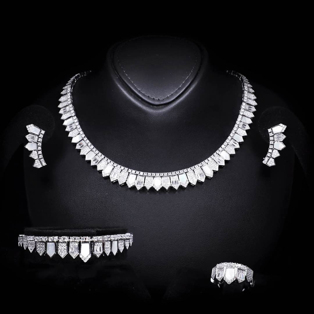 Omnia Shareefa White Luxury Bridal Full Set Accessories in High Quality Zircon Stone Premium Rhodium Plated - OMNIASTORES KSA