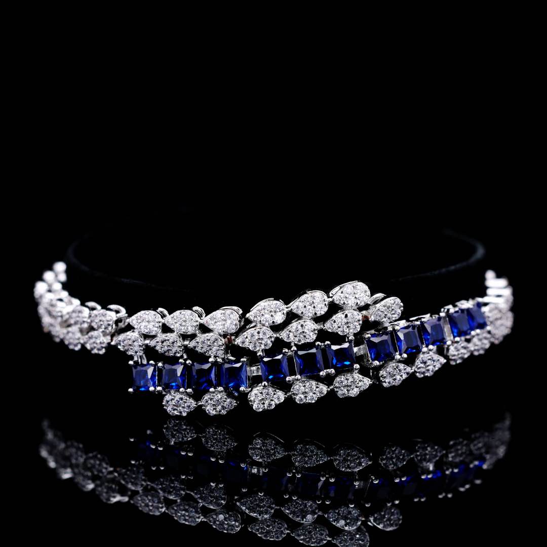 Omnia Trinity Blue Luxury Bridal Full Set In High Quality Simulated Diamonds Premium Rhodium Plated