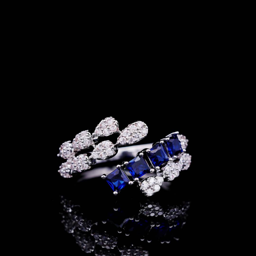 Omnia Trinity Blue Luxury Bridal Full Set In High Quality Simulated Diamonds Premium Rhodium Plated