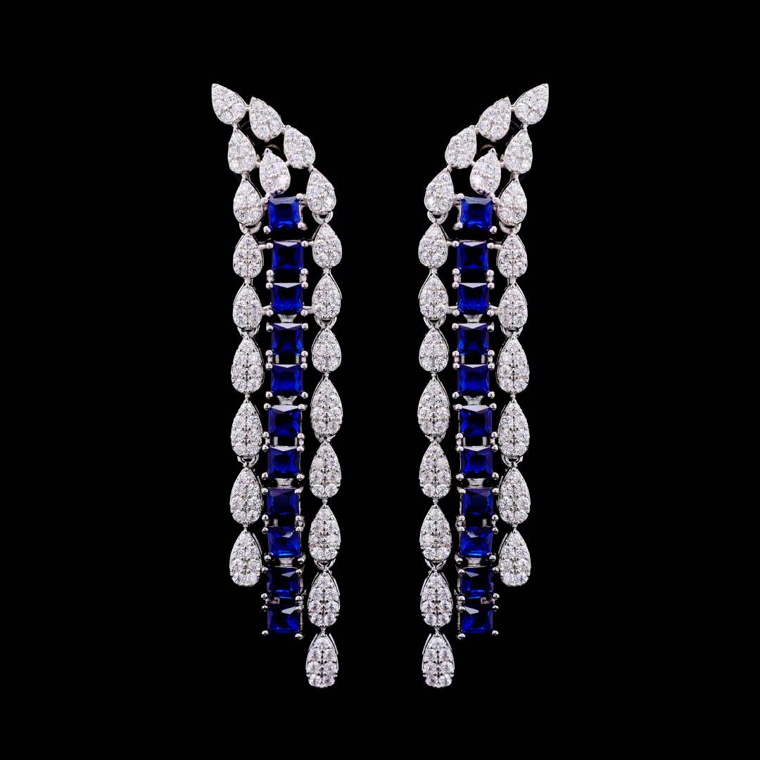 Omnia Trinity Blue Luxury Bridal Full Set In High Quality Simulated Diamonds Premium Rhodium Plated