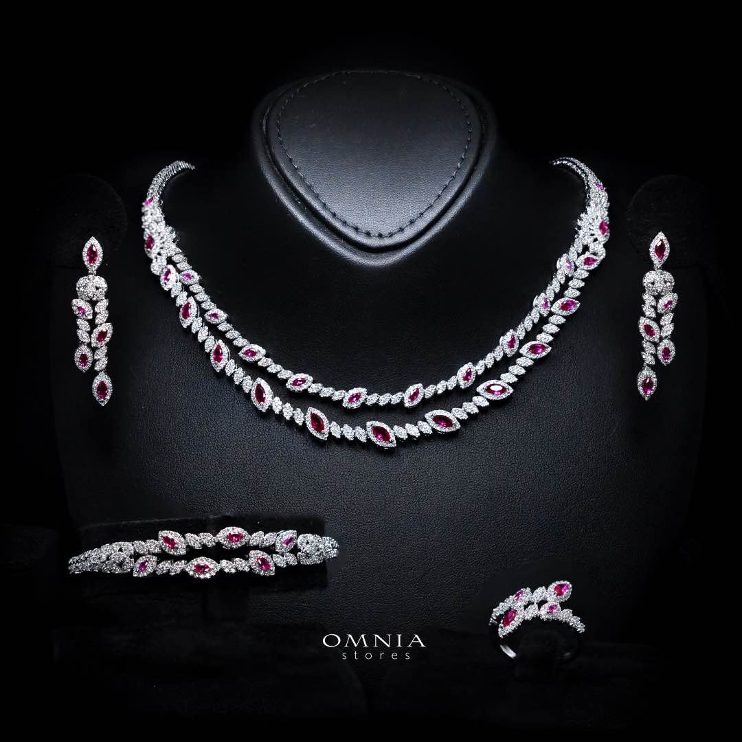 Omnia Nada Maroon Bridal Full Set in High Quality Zircon Stone Rhodium Plated - OMNIASTORES KSA