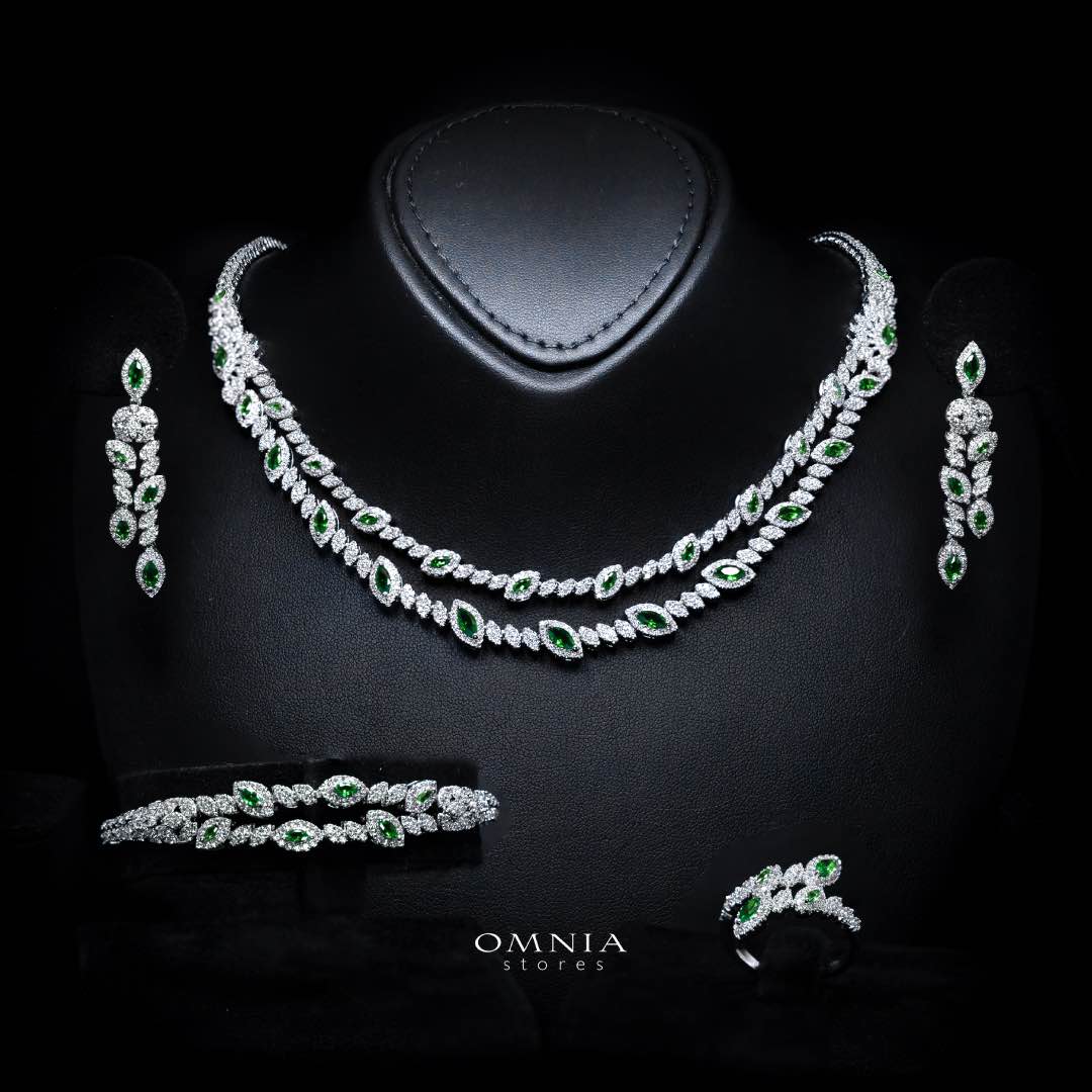 Omnia Nada Green Bridal Full Set Accessories in High Quality Zircon Stone Rhodium Plated - OMNIASTORES KSA