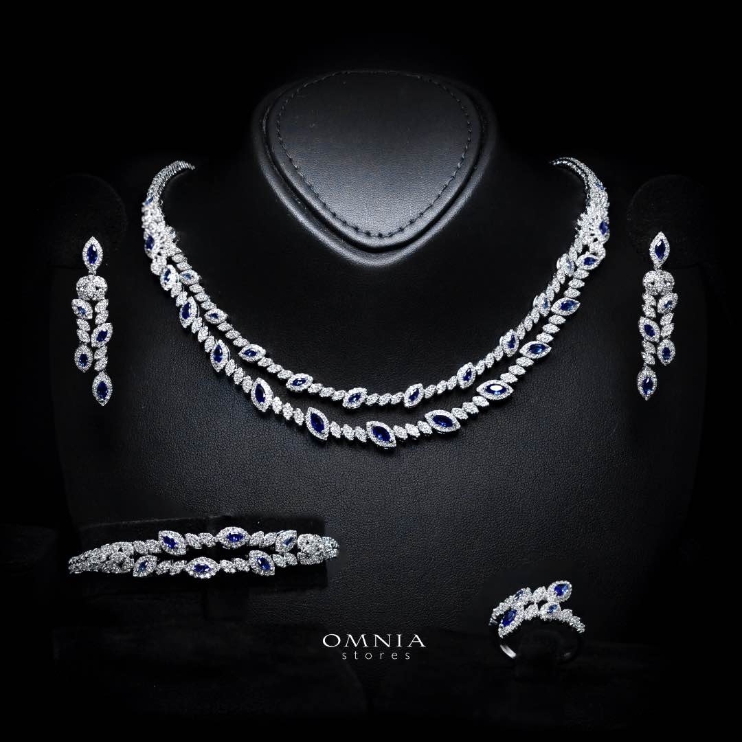 Omnia Nada Blue Bridal Full Set in High Quality Zircon Stone Rhodium Plated - OMNIASTORES KSA