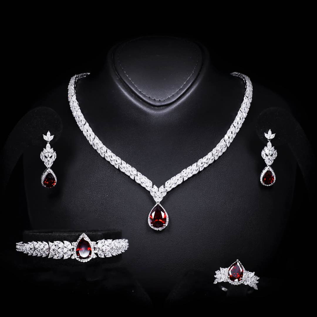 Omnia Aamira Teardrop-Design Bridal Red Full Set with  High Quality Zircon Stone Premium Rhodium Plated (Size 18cm Ring Size 7 Only available in KSA) - OMNIASTORES KSA