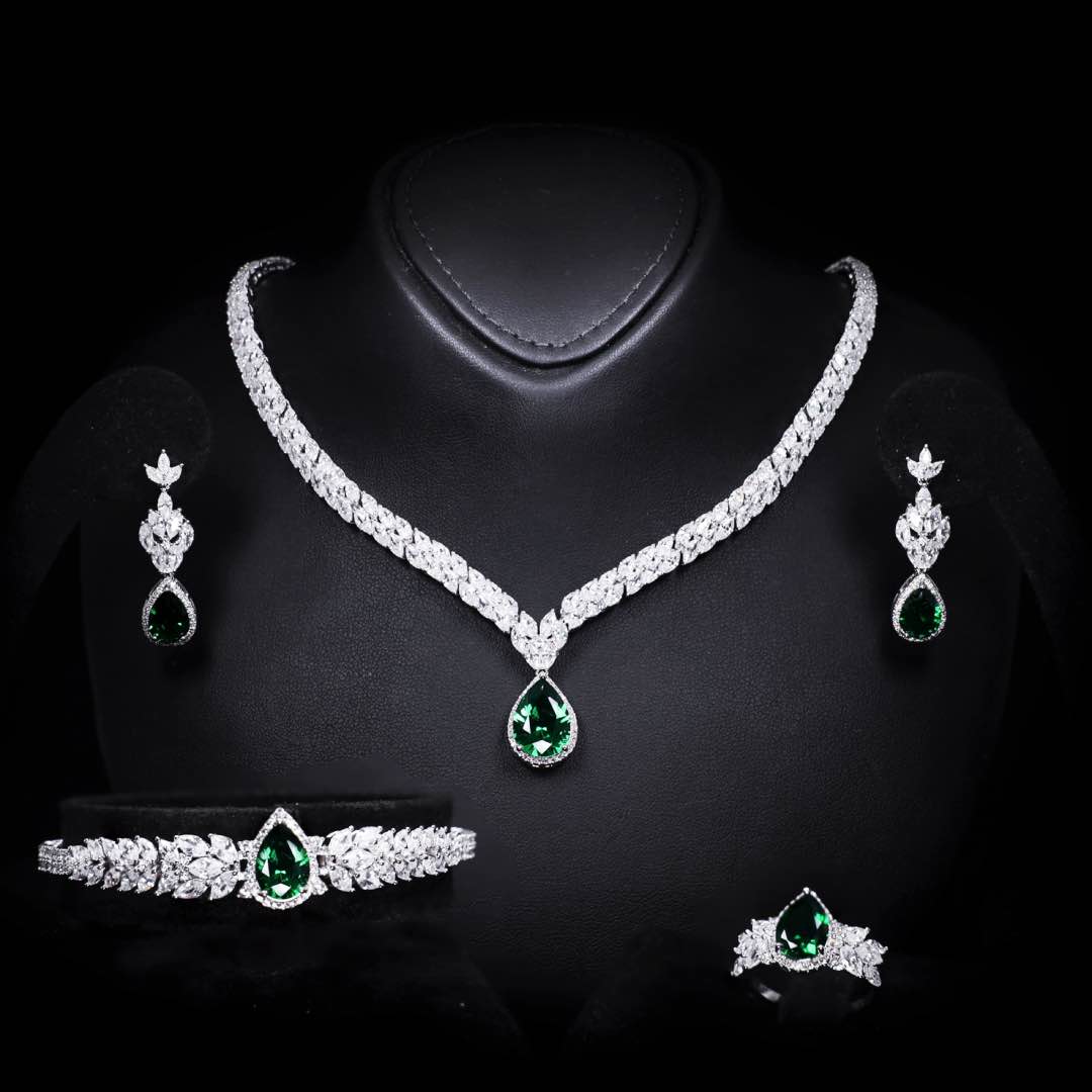 Omnia Aamira Teardrop-Design Bridal Crystal Emerald Green Full Set with  High Quality Zircon Stone Premium Rhodium Plated - OMNIASTORES KSA