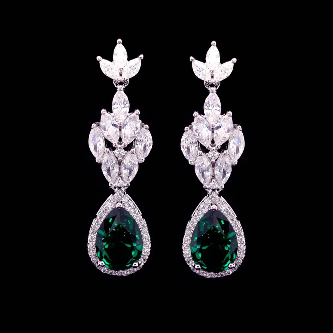 Omnia Aamira Teardrop-Design Bridal Crystal Emerald Green Full Set with  High Quality Zircon Stone Premium Rhodium Plated - OMNIASTORES KSA