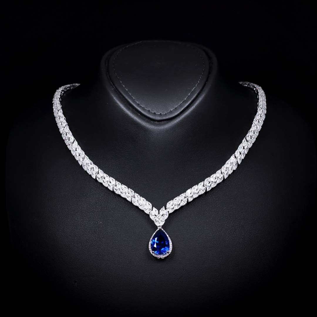 Omnia Aamira Teardrop-Design Bridal Navy Blue Full Set with  High Quality Zircon Stone Premium Rhodium Plated - OMNIASTORES KSA