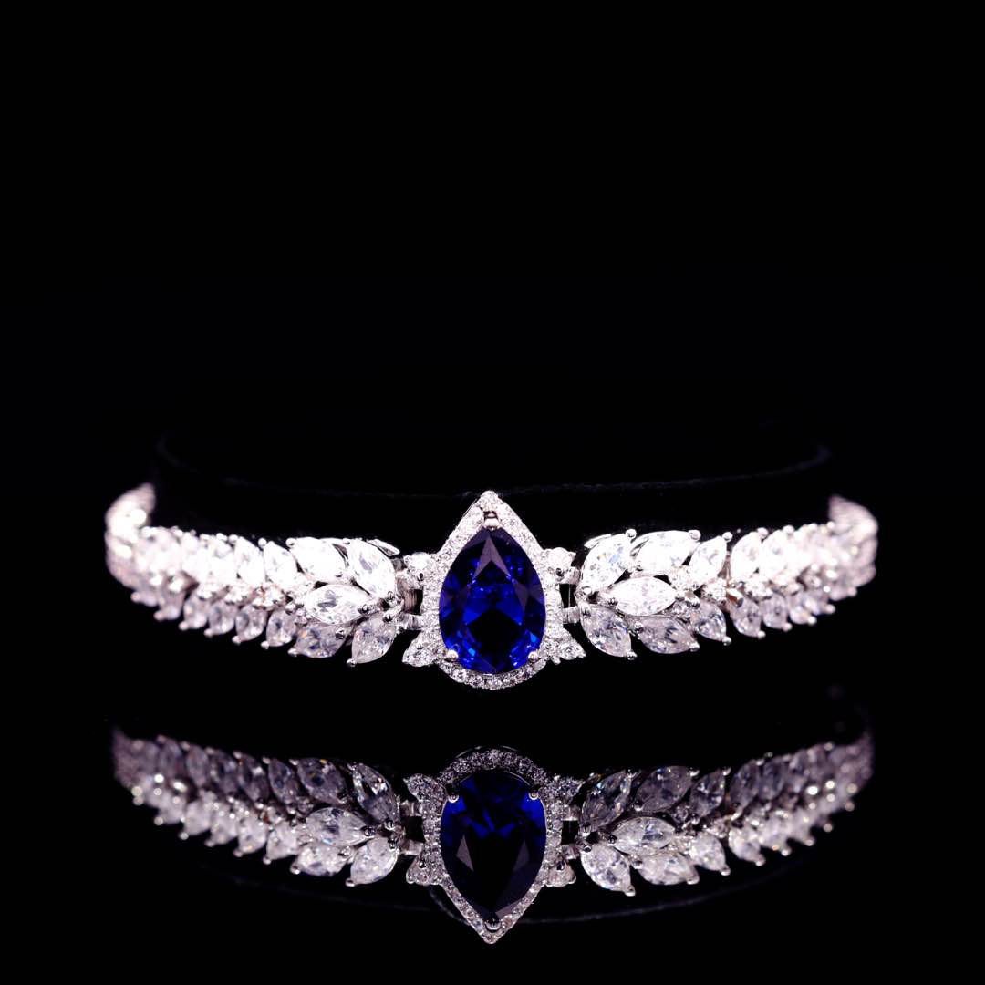 Omnia Aamira Teardrop-Design Bridal Navy Blue Full Set with  High Quality Zircon Stone Premium Rhodium Plated - OMNIASTORES KSA