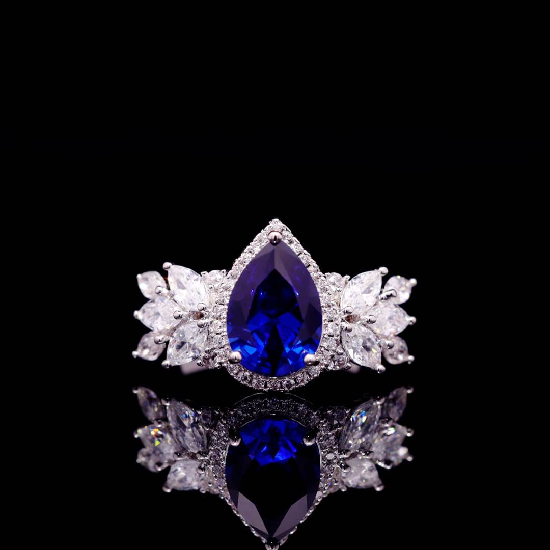 Omnia Aamira Teardrop-Design Bridal Navy Blue Full Set with  High Quality Zircon Stone Premium Rhodium Plated - OMNIASTORES KSA
