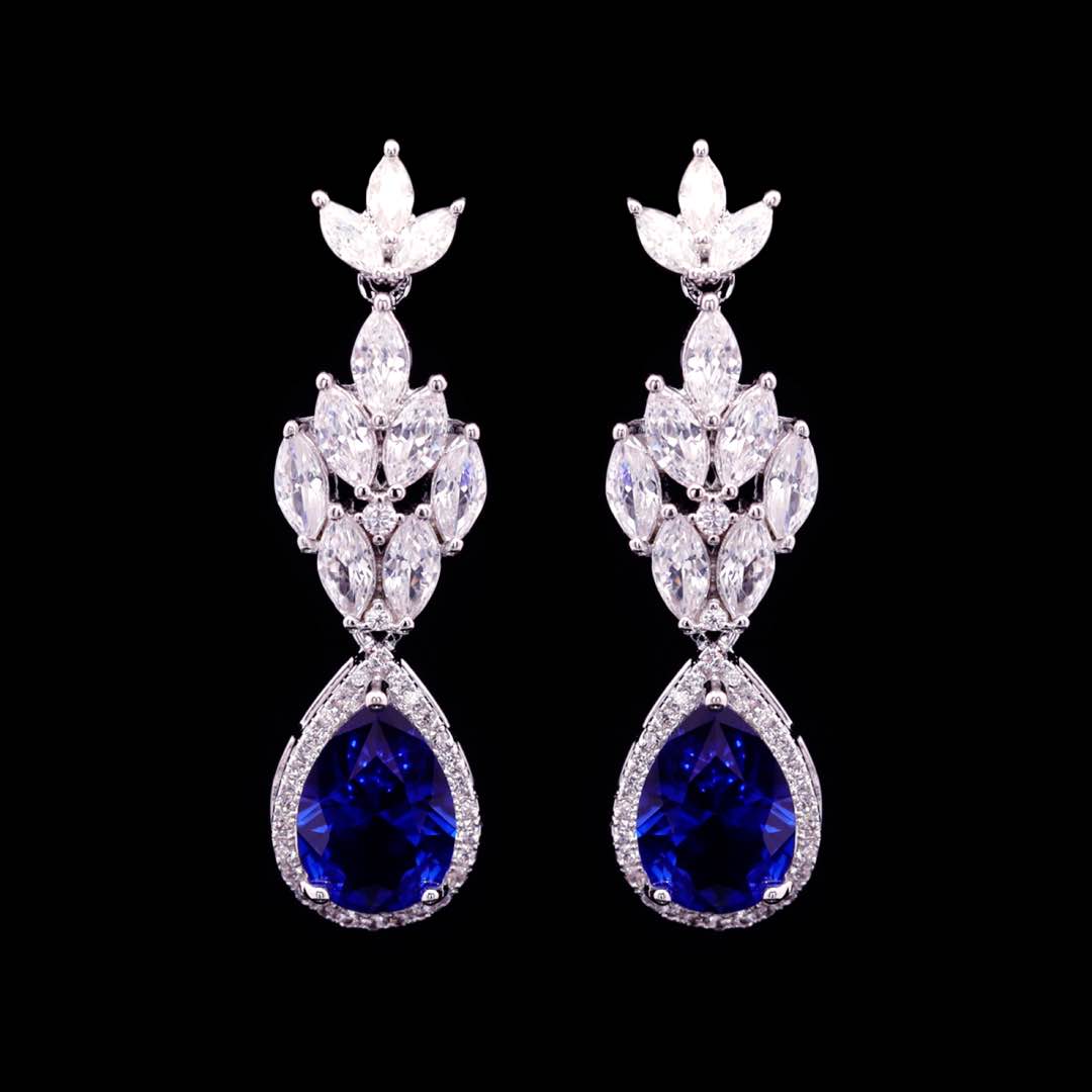 Omnia Aamira Teardrop-Design Bridal Navy Blue Full Set with  High Quality Zircon Stone Premium Rhodium Plated - OMNIASTORES KSA