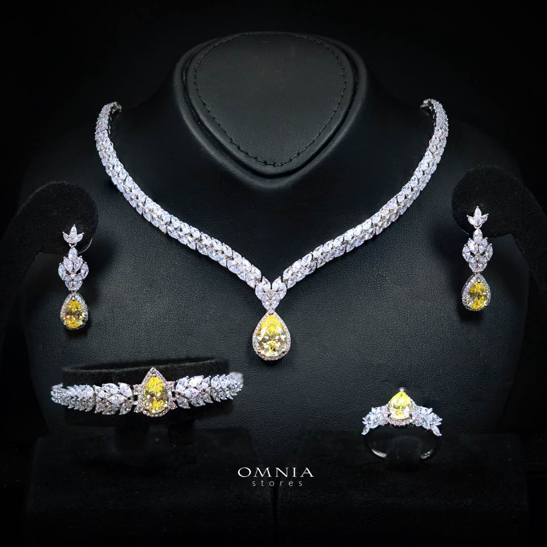 Omnia Aamira Teardrop-Design Bridal Yellow Full Set with High-Quality Zircon Stones in Rhodium-Plated Finish(16 Ring size 7 only available in ksa)