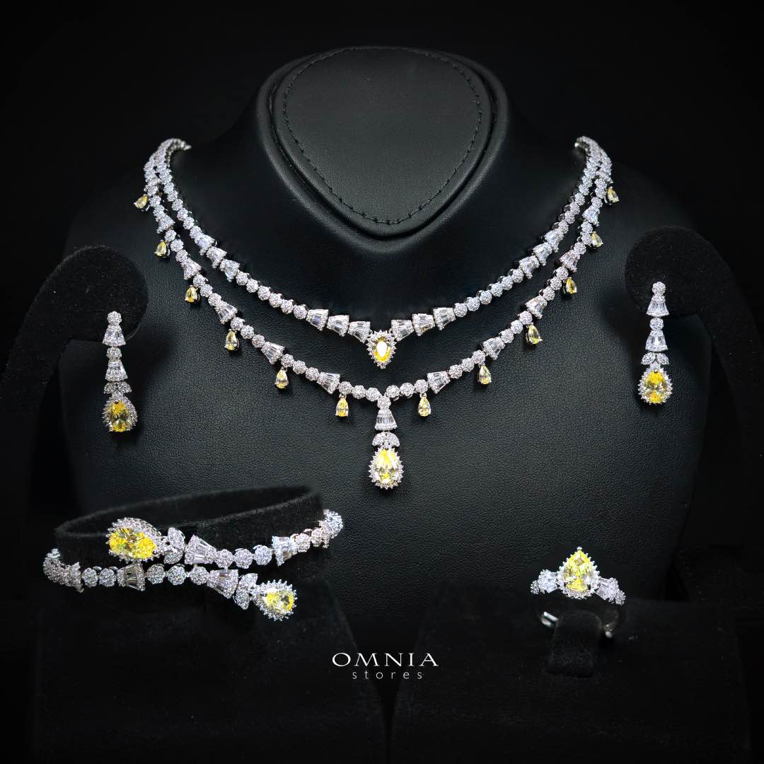 طقم اكسسوارات زفاف أمنية غادة الأصفر الكامل بأحجار الزركون عالية الجودة مطلي بالروديوم