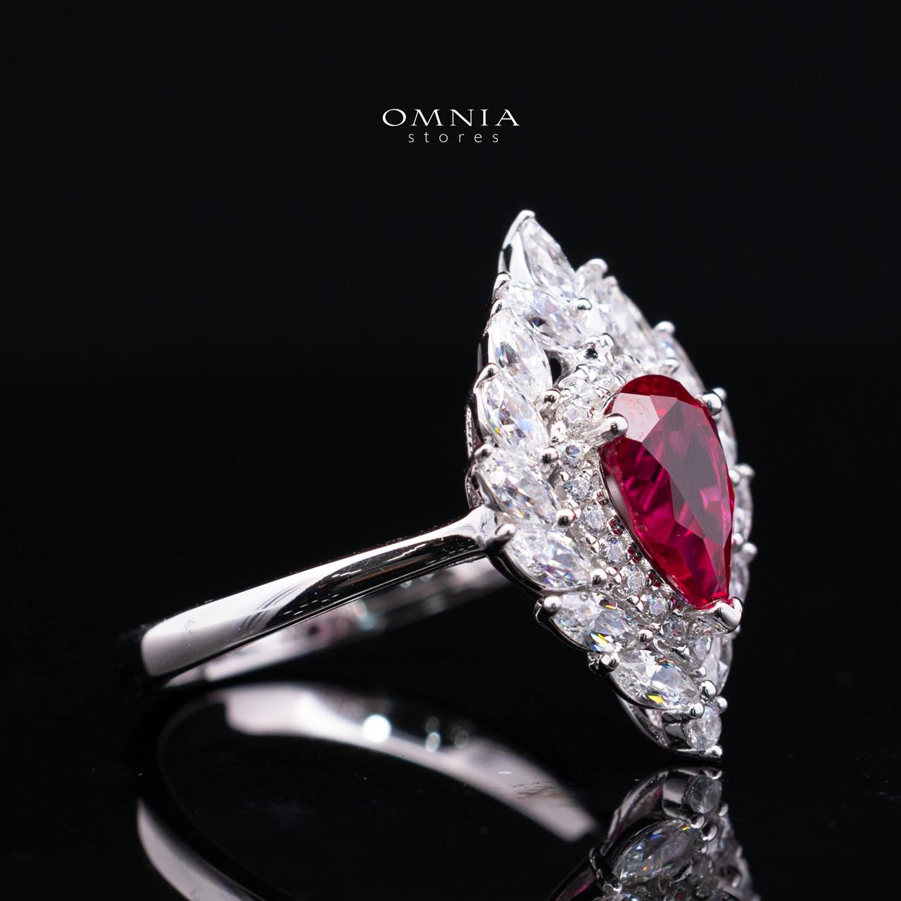 Rosalie Lab-Grown Red Ruby Pear-Cut Ring (6x9mm) with GRC Certificate in 925 Sterling Silver