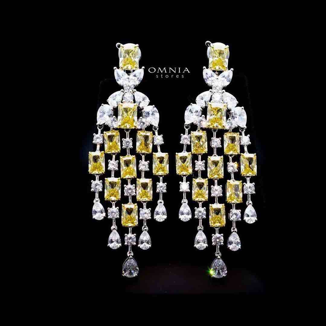 Omnia Israa Yellow Chandelier Earrings In 92.5 Silver High Quality Simulated diamonds - OMNIASTORES KSA