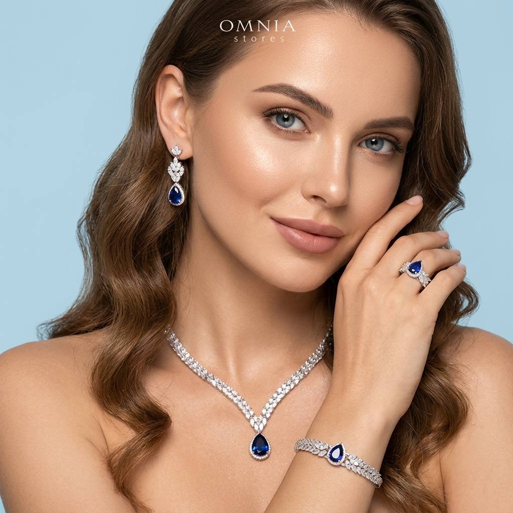 طقم زفاف كامل من أمنية أميرة بتصميم دمعة أزرق داكن مرصع بأحجار الزركون عالية الجودة مطلي بالروديوم