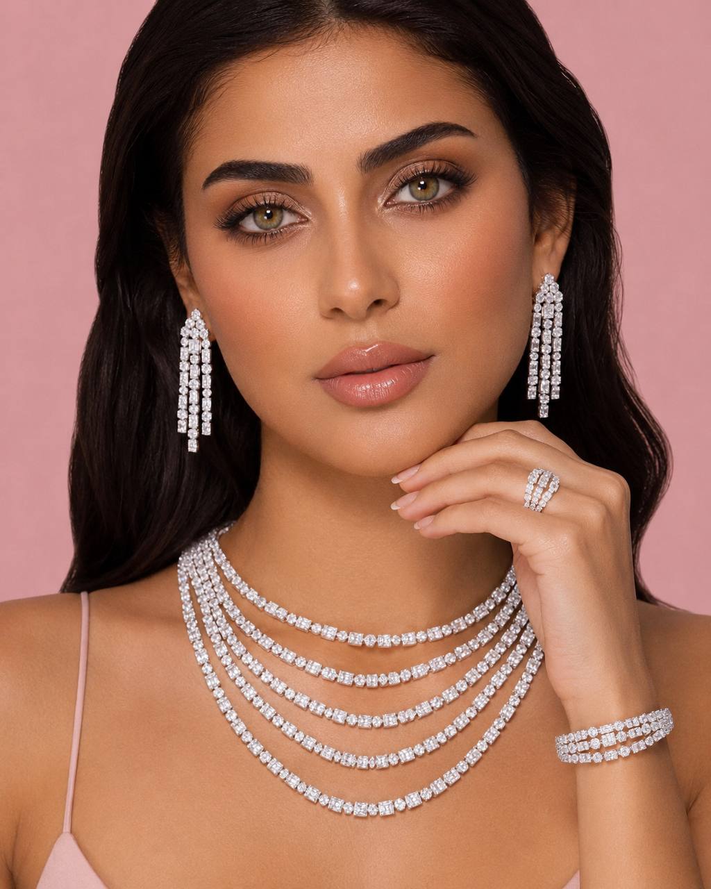 Omnia Abby White Layered Luxury Bridal Full Set in High Quality Rhodium Plated Zircon Stones